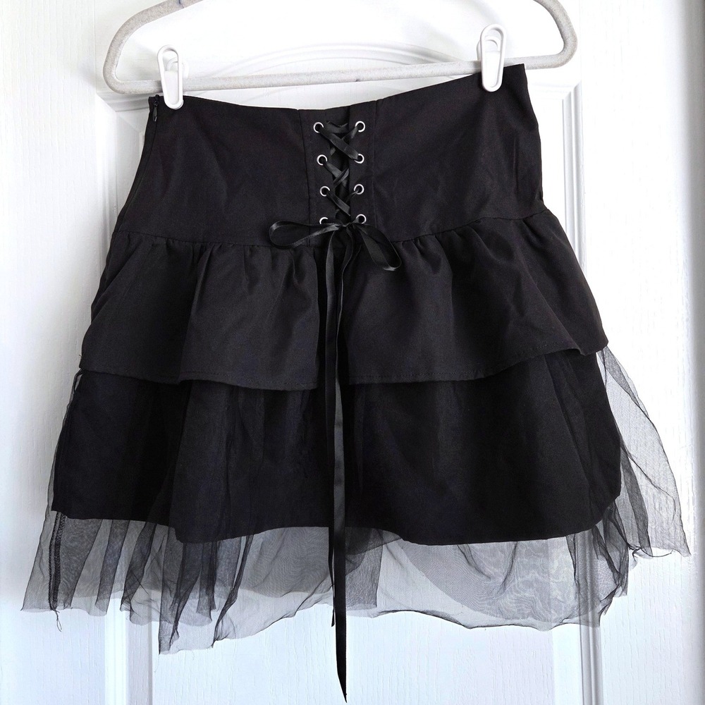 Romwe Black Lace Up Tiered Mini Skirt Tulle Ruffle Gothic Alt Womens Size M US 6
